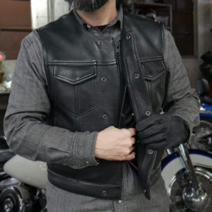 mens black leather motorcycle vest